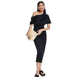 Asos Pleated Shoulder Pencil Dress Size 2 Black‎ Polyester Blend NWT DR-1524